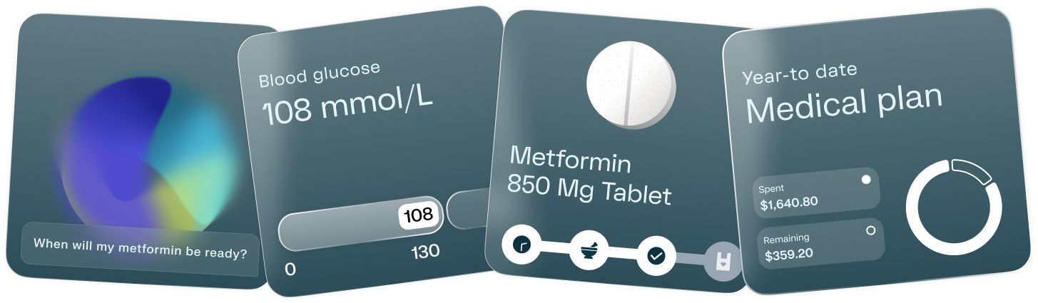 Preview of the Health100 app showing blood glucose, medication, and medical plan cards.
